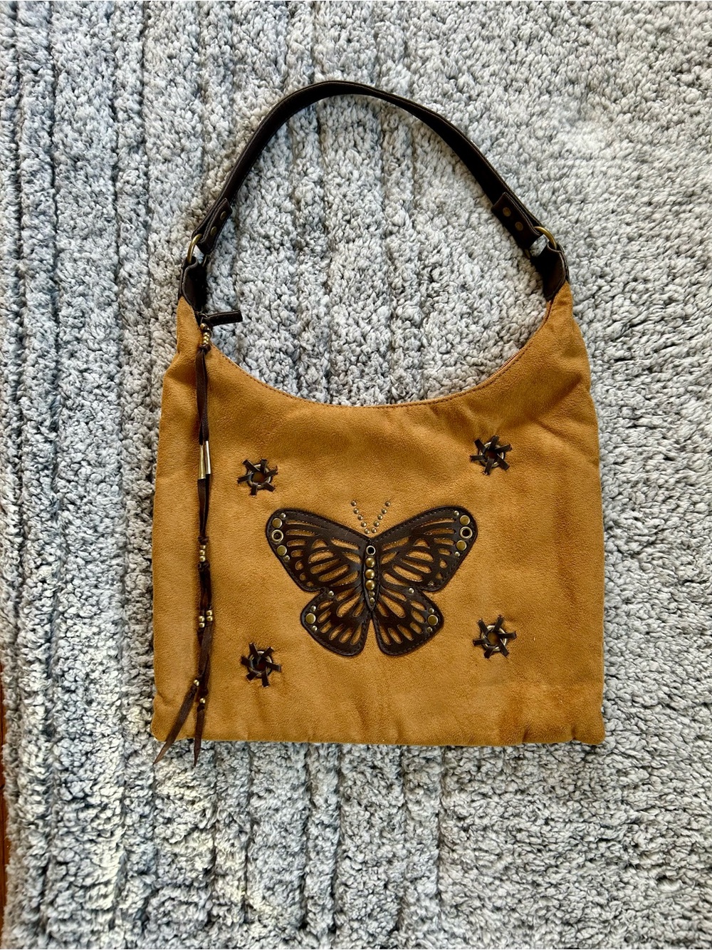 Boho Shoulder Bag - Brown Suede with Butterfly Detail